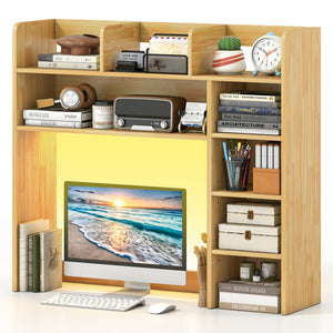 Desktop Bookshelf with LED Lights 35.5 inch Desk Hutch Storage Organizer-Beige