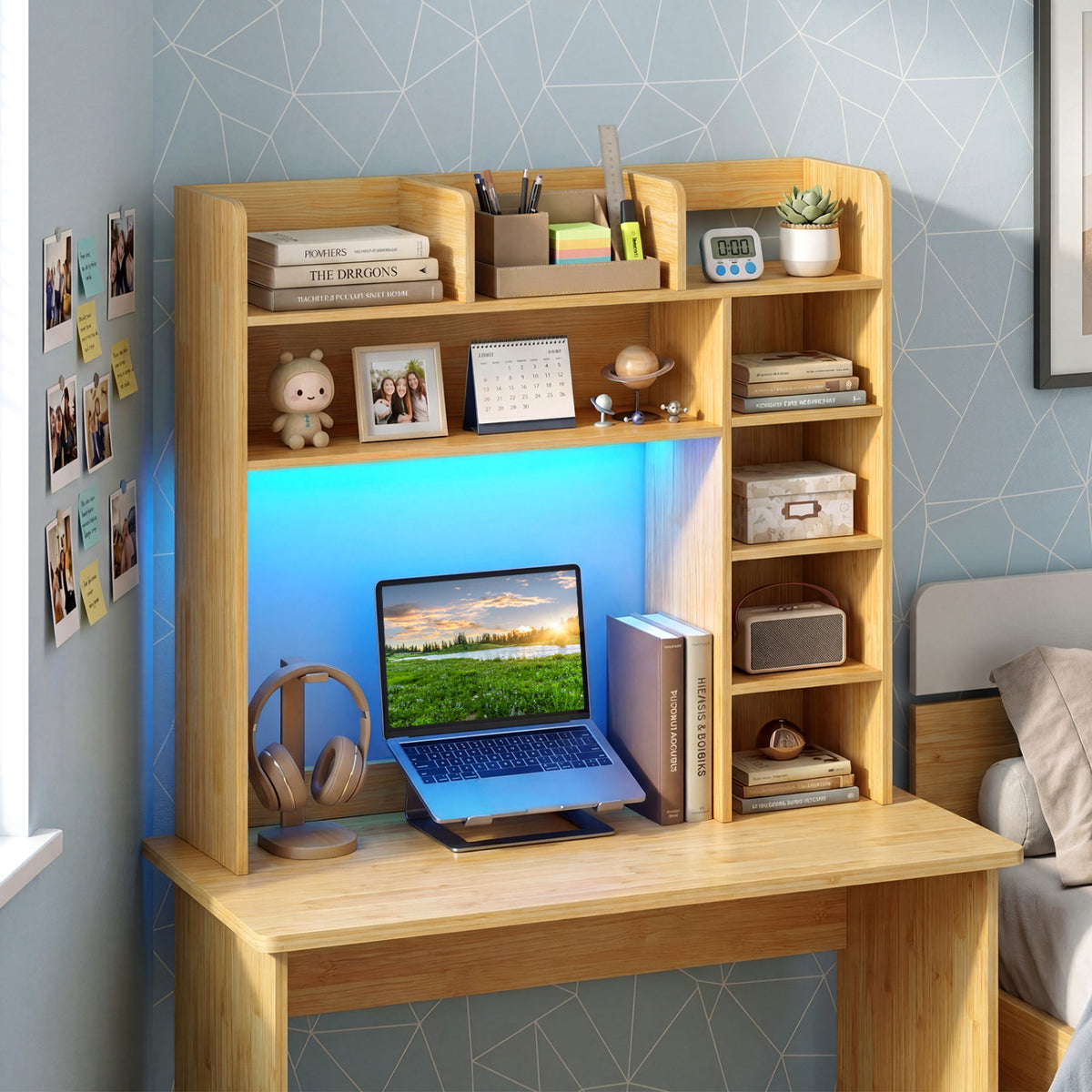 Desktop Bookshelf with LED Lights 35.5 inch Desk Hutch Storage Organizer-Beige