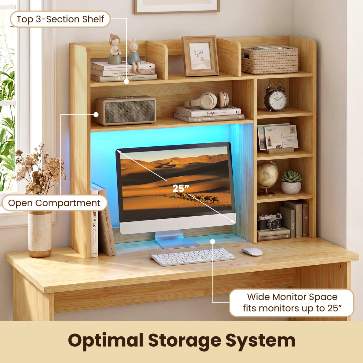 Desktop Bookshelf with LED Lights 35.5 inch Desk Hutch Storage Organizer-Beige