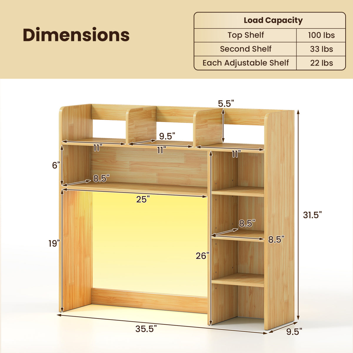 Desktop Bookshelf with LED Lights 35.5 inch Desk Hutch Storage Organizer-Beige