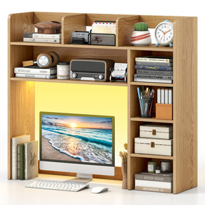 Desktop Bookshelf with LED Lights 35.5 inch Desk Hutch Storage Organizer-Natural