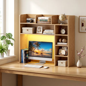 Desktop Bookshelf with LED Lights 35.5 inch Desk Hutch Storage Organizer-Natural