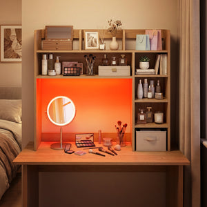Desktop Bookshelf with LED Lights 35.5 inch Desk Hutch Storage Organizer-Natural
