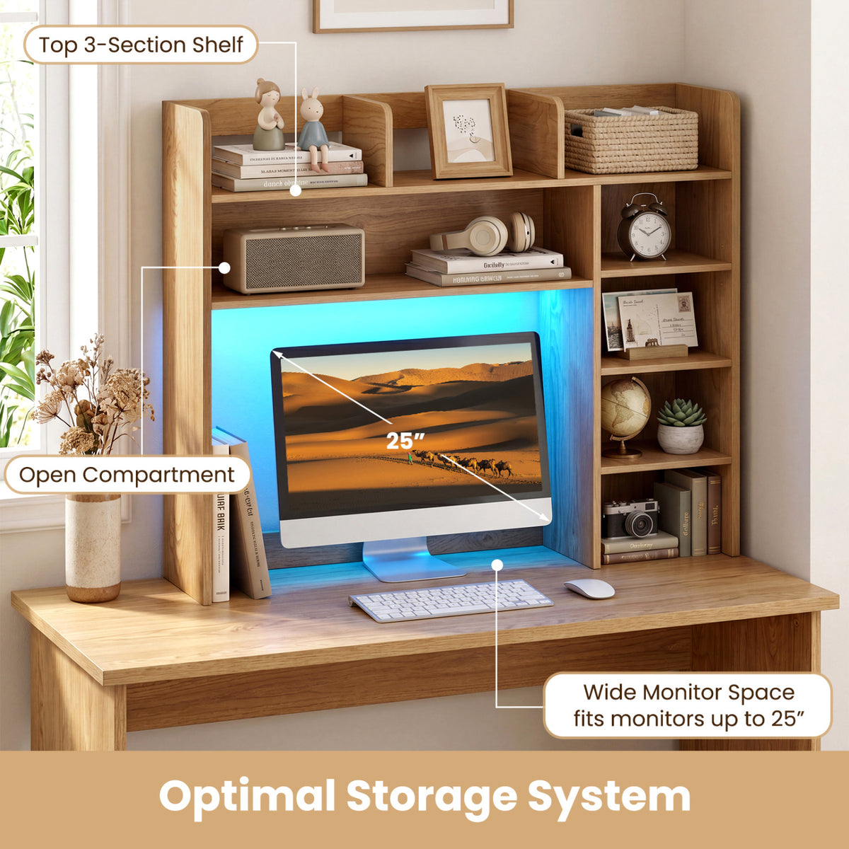Desktop Bookshelf with LED Lights 35.5 inch Desk Hutch Storage Organizer-Natural