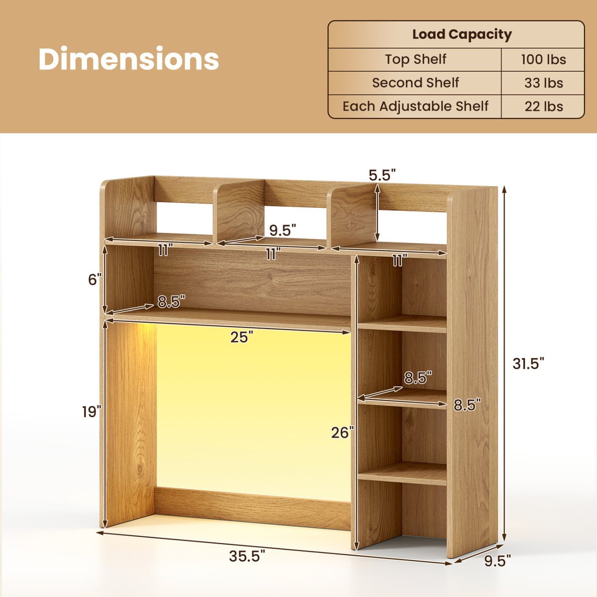 Desktop Bookshelf with LED Lights 35.5 inch Desk Hutch Storage Organizer-Natural