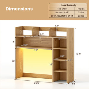 Desktop Bookshelf with LED Lights 35.5 inch Desk Hutch Storage Organizer-Natural