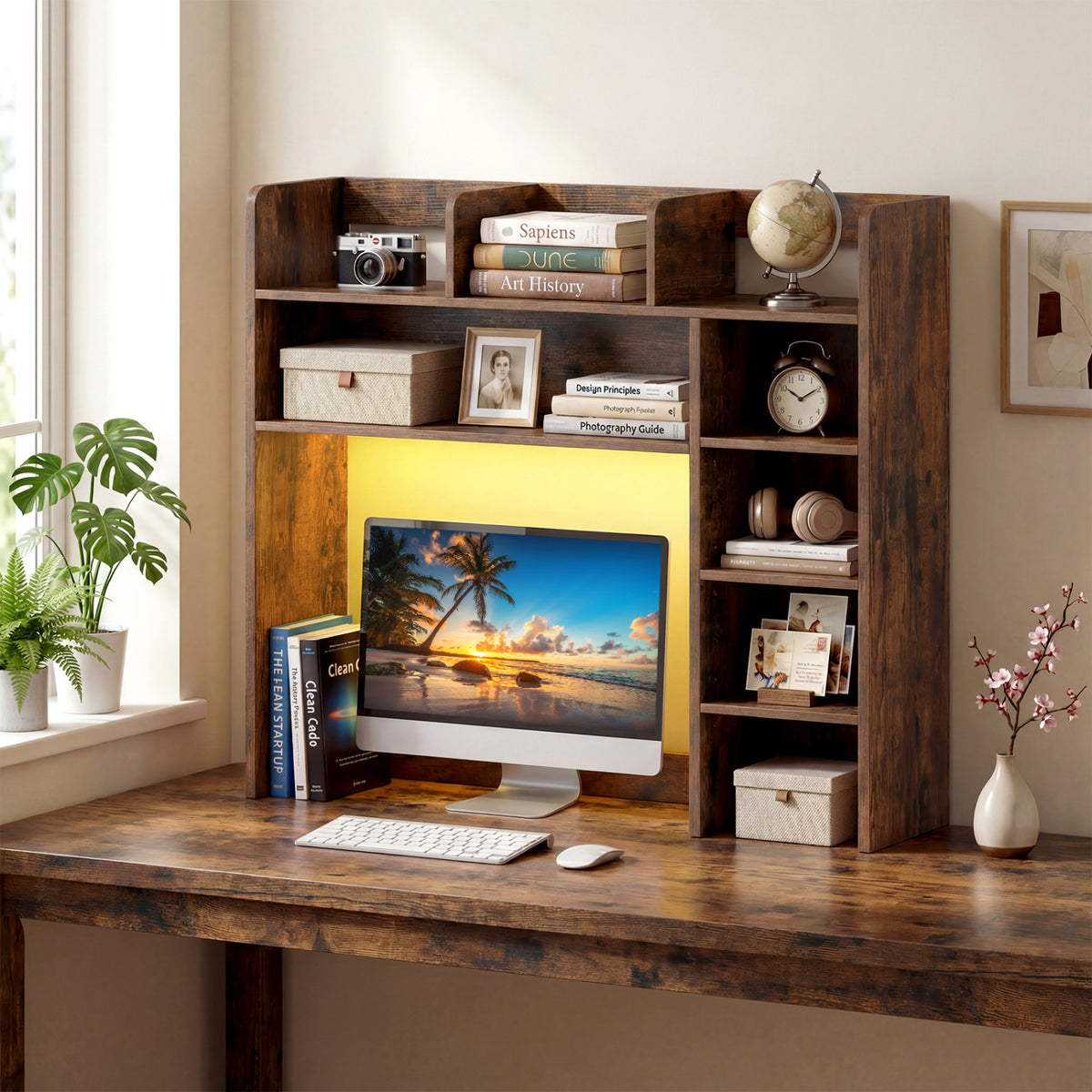Desktop Bookshelf with LED Lights 35.5 inch Desk Hutch Storage Organizer-Rustic Brown