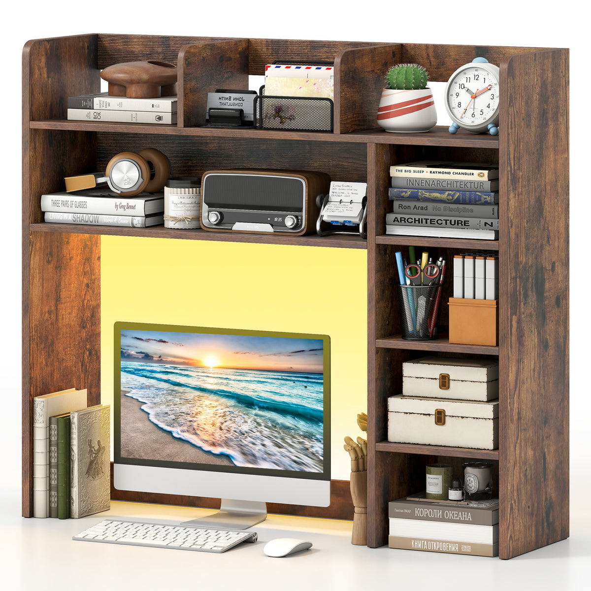 Desktop Bookshelf with LED Lights 35.5 inch Desk Hutch Storage Organizer-Rustic Brown