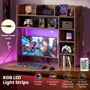 Desktop Bookshelf with LED Lights 35.5 inch Desk Hutch Storage Organizer-Rustic Brown