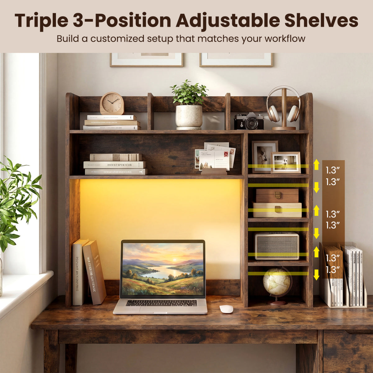 Desktop Bookshelf with LED Lights 35.5 inch Desk Hutch Storage Organizer-Rustic Brown