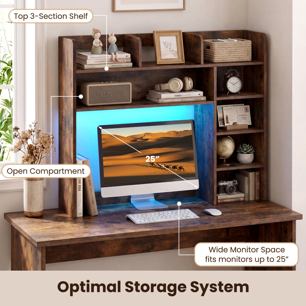 Desktop Bookshelf with LED Lights 35.5 inch Desk Hutch Storage Organizer-Rustic Brown