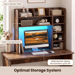 Desktop Bookshelf with LED Lights 35.5 inch Desk Hutch Storage Organizer-Rustic Brown