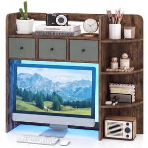 Desktop Bookshelf with LED Lights 5-Tier Shelves and 3 Drawers for Home Officce-Rustic Brown