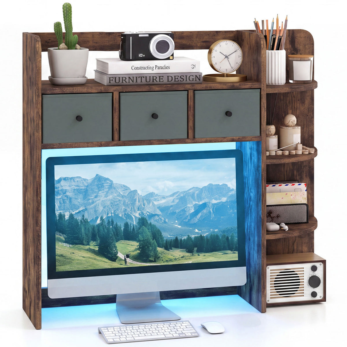 Desktop Bookshelf with LED Lights 5-Tier Shelves and 3 Drawers for Home Officce-Rustic Brown