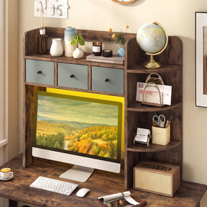 Desktop Bookshelf with LED Lights 5-Tier Shelves and 3 Drawers for Home Officce-Rustic Brown