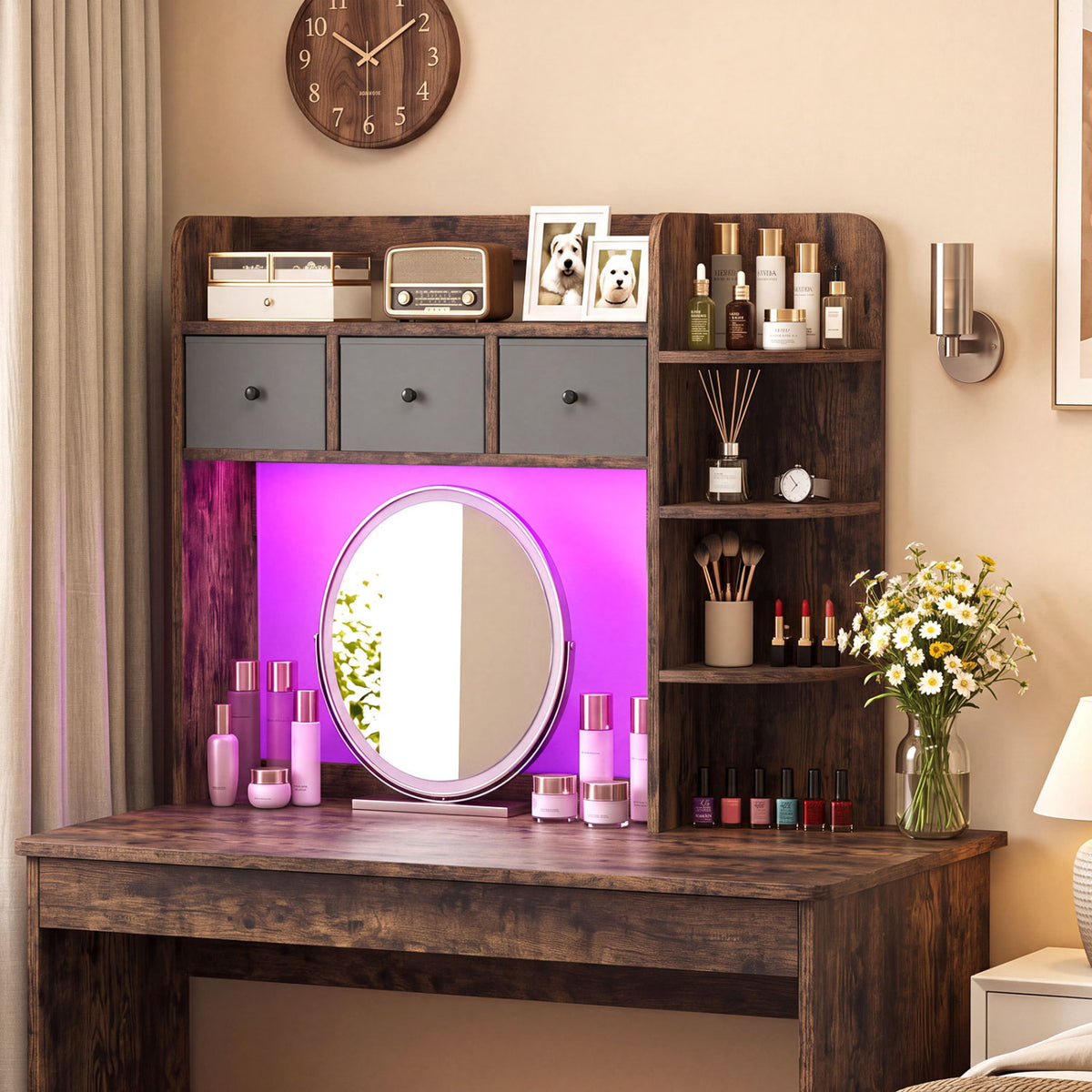 Desktop Bookshelf with LED Lights 5-Tier Shelves and 3 Drawers for Home Officce-Rustic Brown