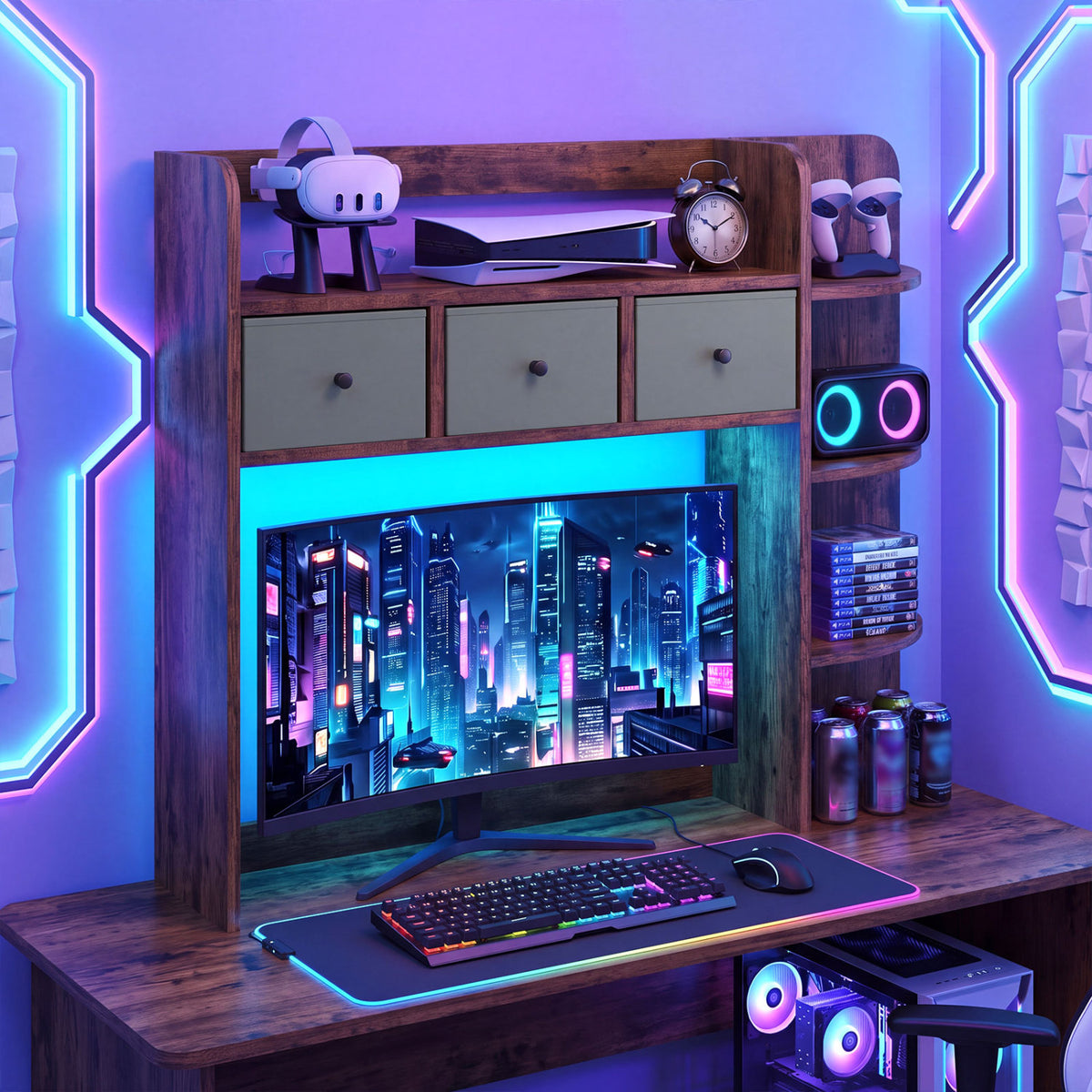 Desktop Bookshelf with LED Lights 5-Tier Shelves and 3 Drawers for Home Officce-Rustic Brown