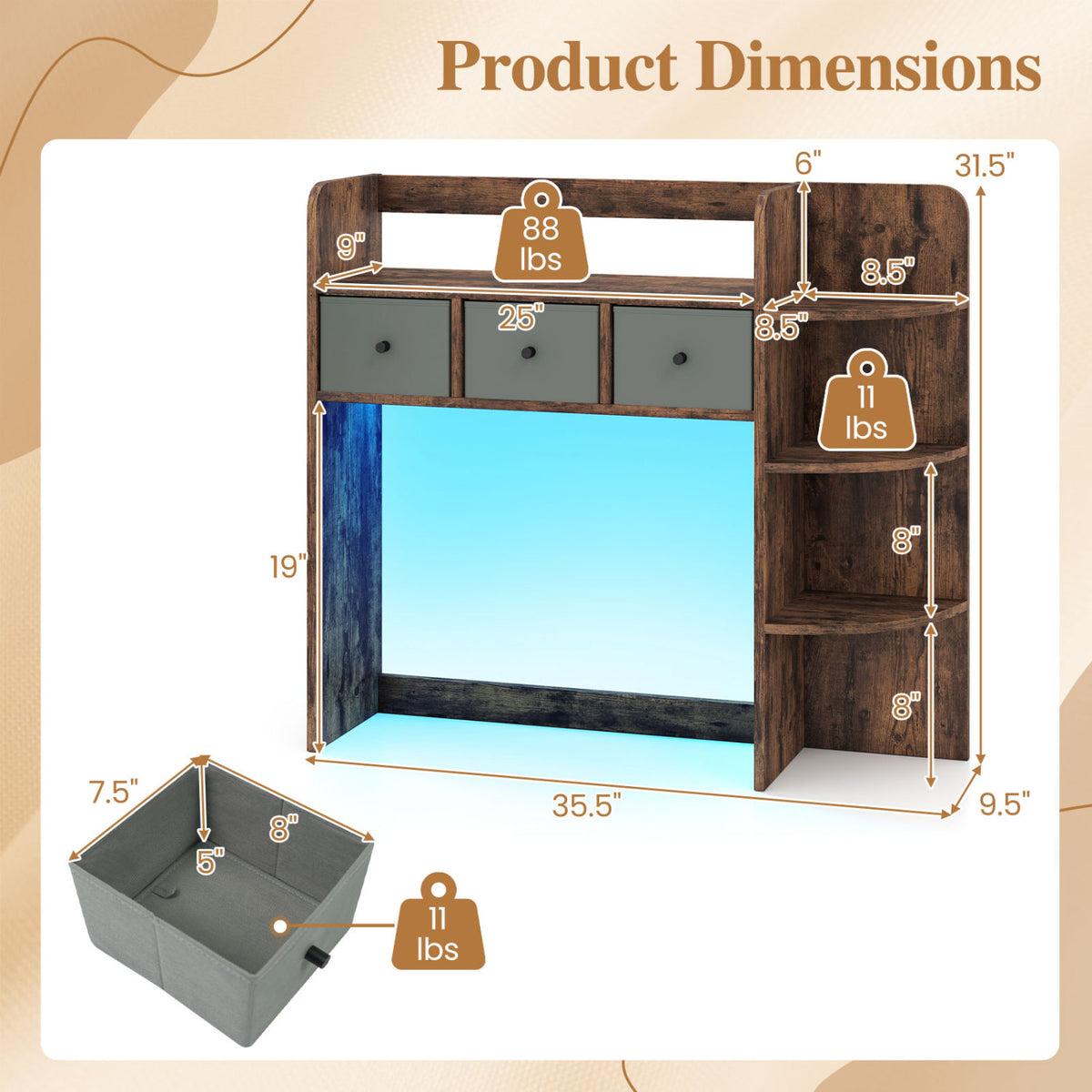Desktop Bookshelf with LED Lights 5-Tier Shelves and 3 Drawers for Home Officce-Rustic Brown