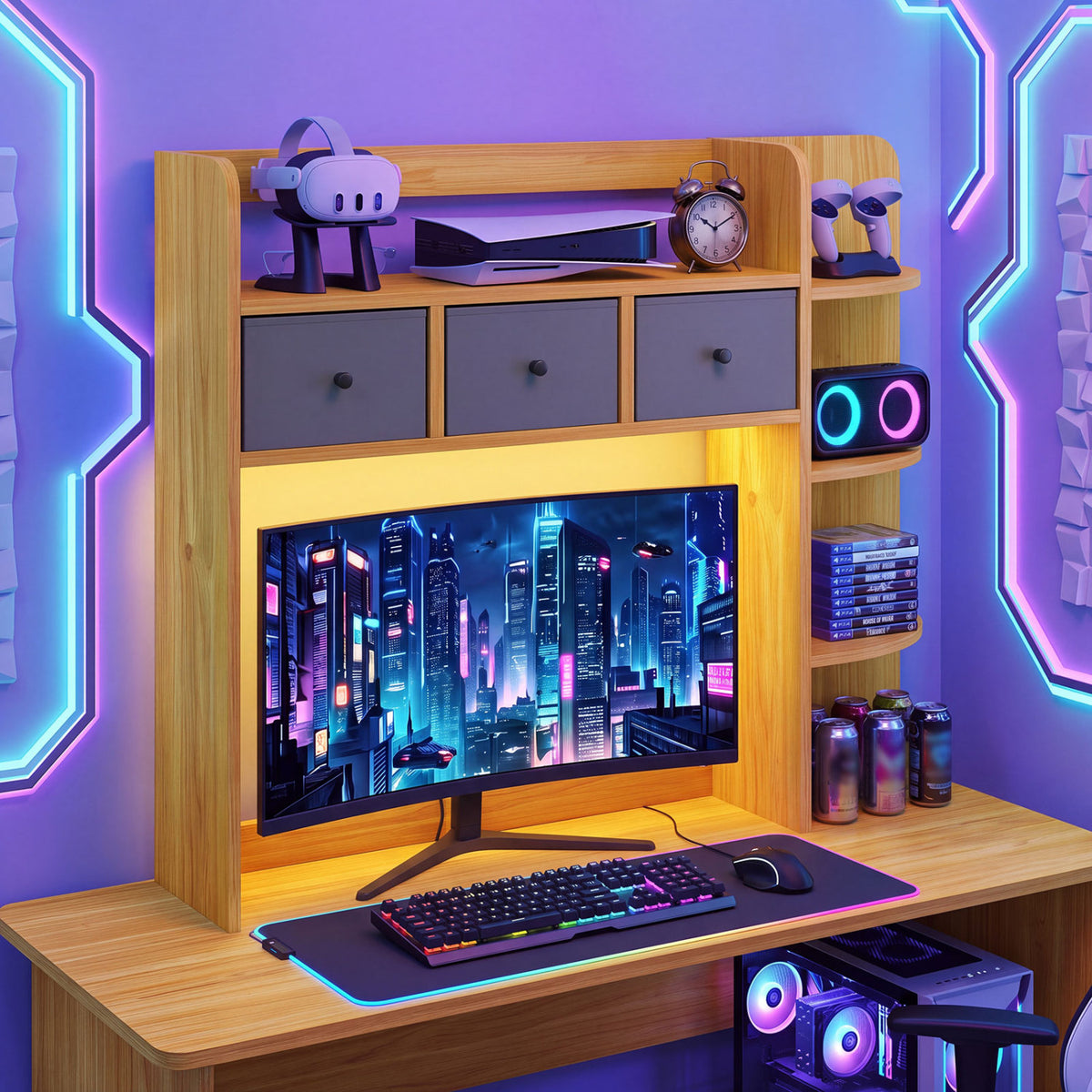 Desktop Bookshelf with LED Lights 5-Tier Shelves and 3 Drawers for Home Officce-Brown