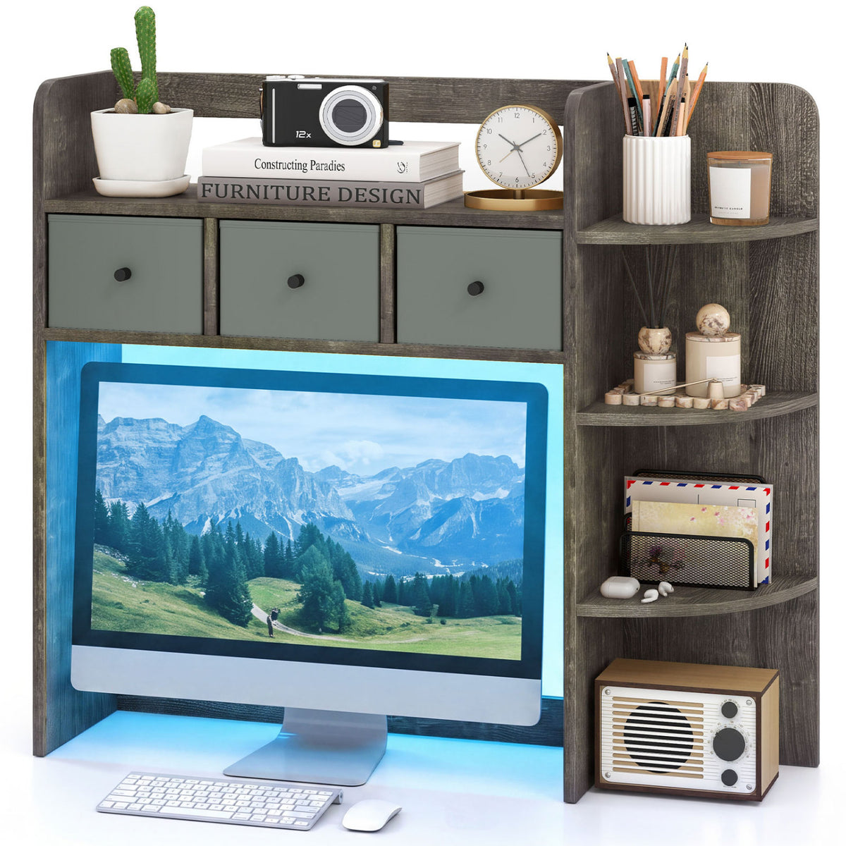 Desktop Bookshelf with LED Lights 5-Tier Shelves and 3 Drawers for Home Officce-Oak Gray