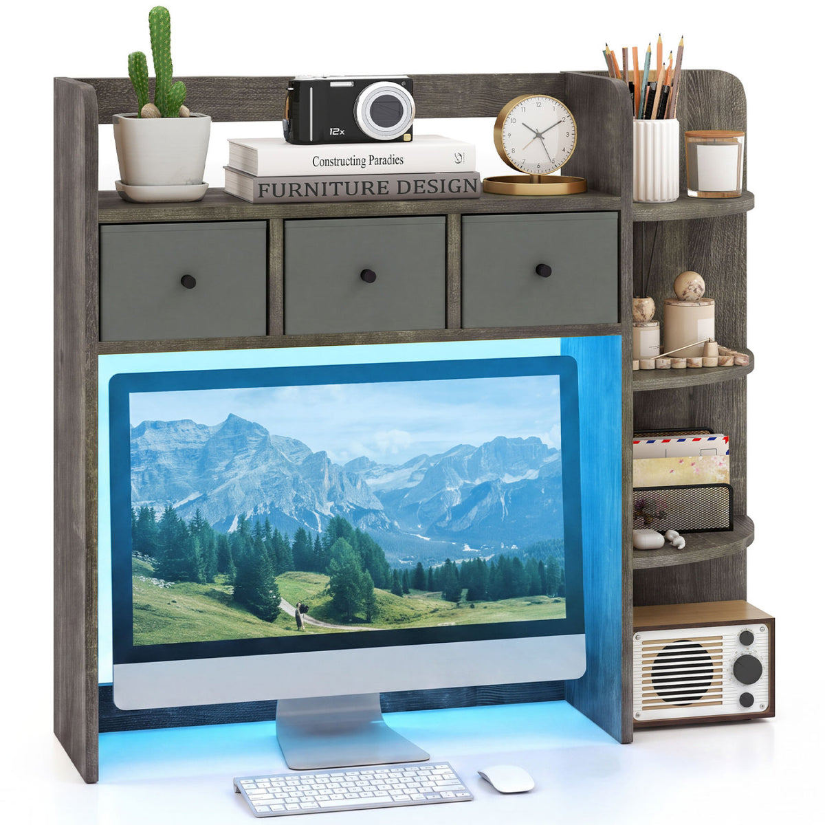 Desktop Bookshelf with LED Lights 5-Tier Shelves and 3 Drawers for Home Officce-Oak Gray