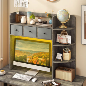Desktop Bookshelf with LED Lights 5-Tier Shelves and 3 Drawers for Home Officce-Oak Gray