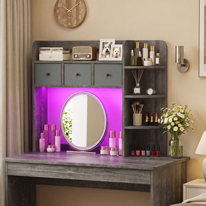 Desktop Bookshelf with LED Lights 5-Tier Shelves and 3 Drawers for Home Officce-Oak Gray