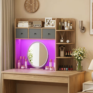 Desktop Bookshelf with LED Lights 5-Tier Shelves and 3 Drawers for Home Officce-Natural