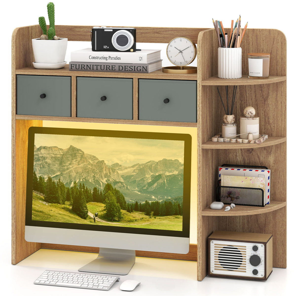 Desktop Bookshelf with LED Lights 5-Tier Shelves and 3 Drawers for Home Officce-Natural