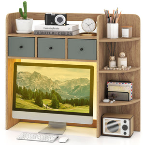 Desktop Bookshelf with LED Lights 5-Tier Shelves and 3 Drawers for Home Officce-Natural