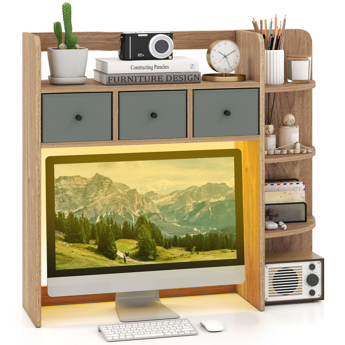 Desktop Bookshelf with LED Lights 5-Tier Shelves and 3 Drawers for Home Officce-Natural