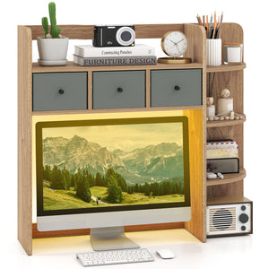 Desktop Bookshelf with LED Lights 5-Tier Shelves and 3 Drawers for Home Officce-Natural