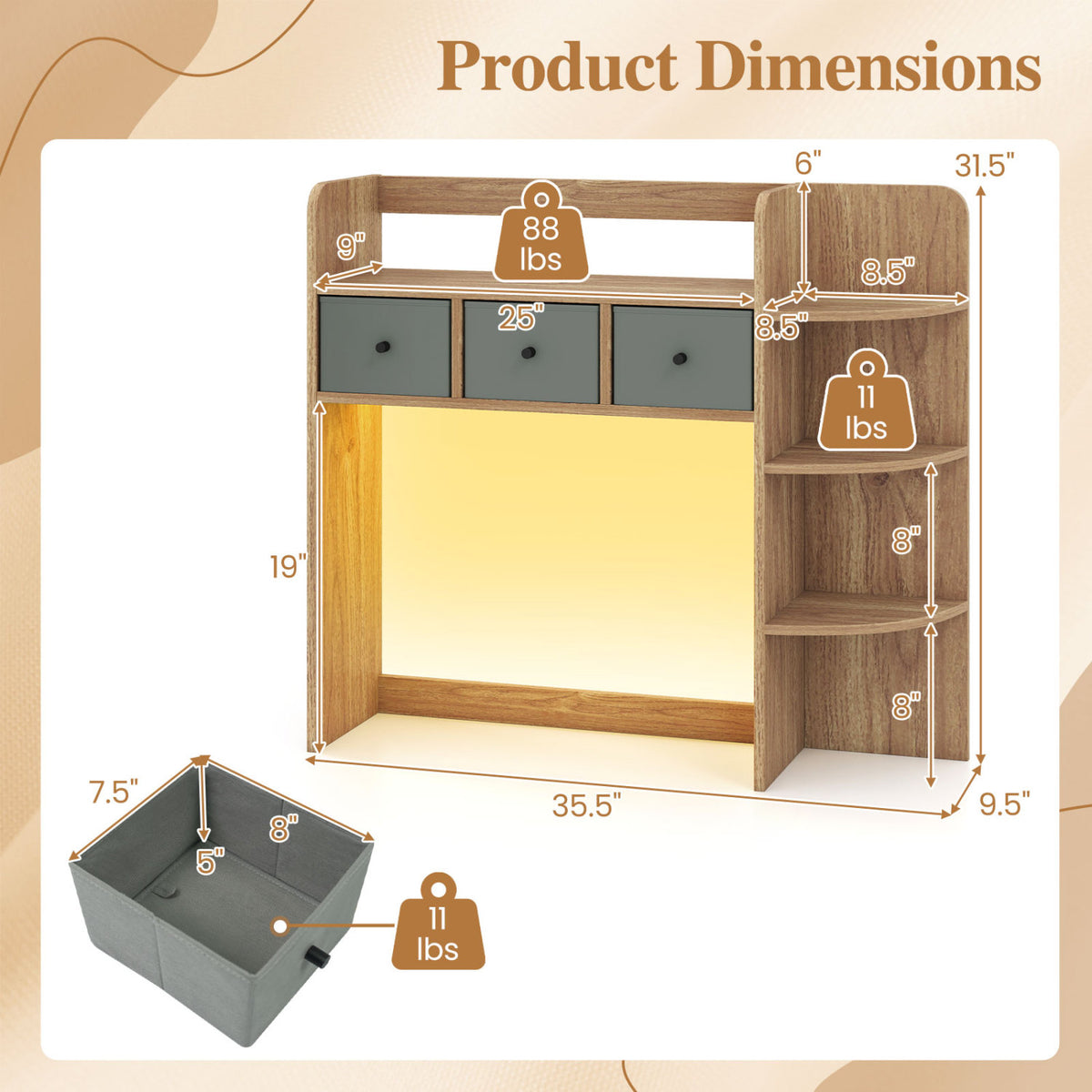 Desktop Bookshelf with LED Lights 5-Tier Shelves and 3 Drawers for Home Officce-Natural