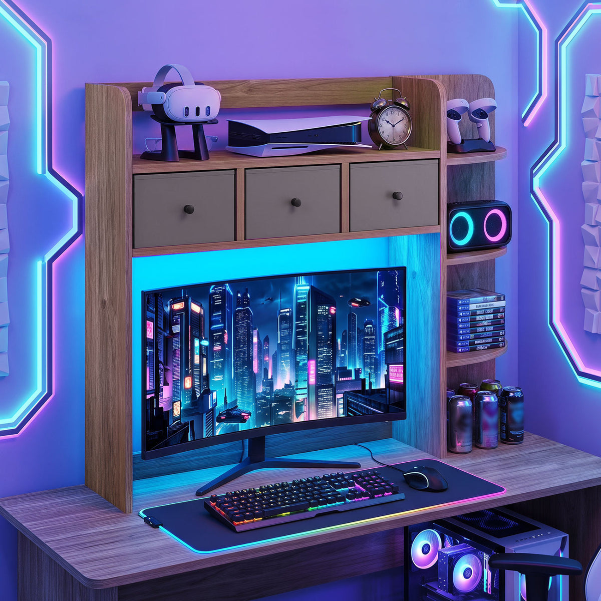 Desktop Bookshelf with LED Lights 5-Tier Shelves and 3 Drawers for Home Officce-Natural