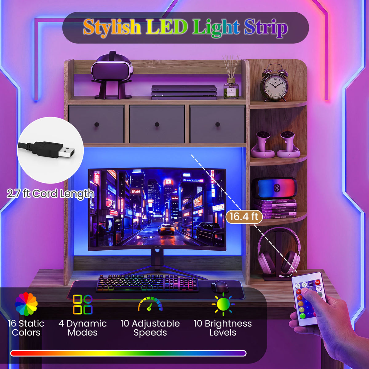 Desktop Bookshelf with LED Lights 5-Tier Shelves and 3 Drawers for Home Officce-Natural