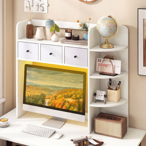 Desktop Bookshelf with LED Lights 5-Tier Shelves and 3 Drawers for Home Officce-White