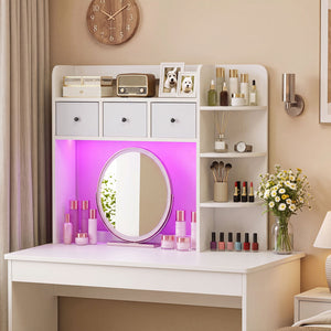 Desktop Bookshelf with LED Lights 5-Tier Shelves and 3 Drawers for Home Officce-White