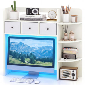 Desktop Bookshelf with LED Lights 5-Tier Shelves and 3 Drawers for Home Officce-White