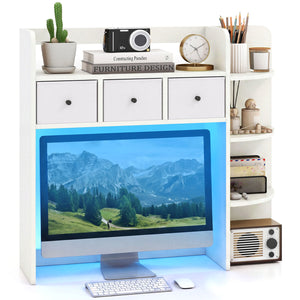 Desktop Bookshelf with LED Lights 5-Tier Shelves and 3 Drawers for Home Officce-White