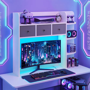 Desktop Bookshelf with LED Lights 5-Tier Shelves and 3 Drawers for Home Officce-White