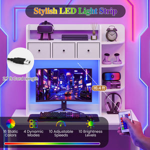 Desktop Bookshelf with LED Lights 5-Tier Shelves and 3 Drawers for Home Officce-White