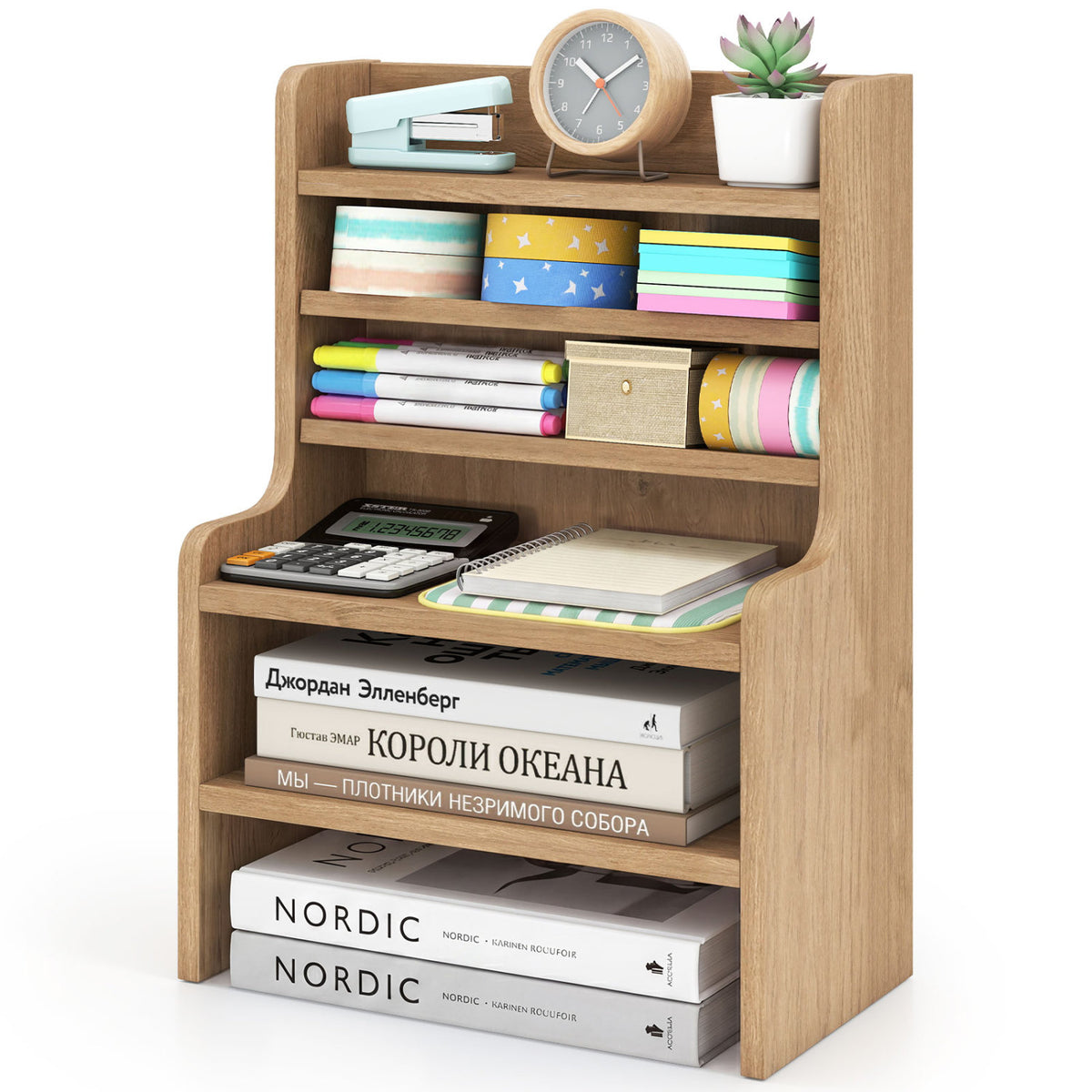 Desktop Organizer 6-Tier Mini Storage Rack with 2 Removable Shelves-Natural