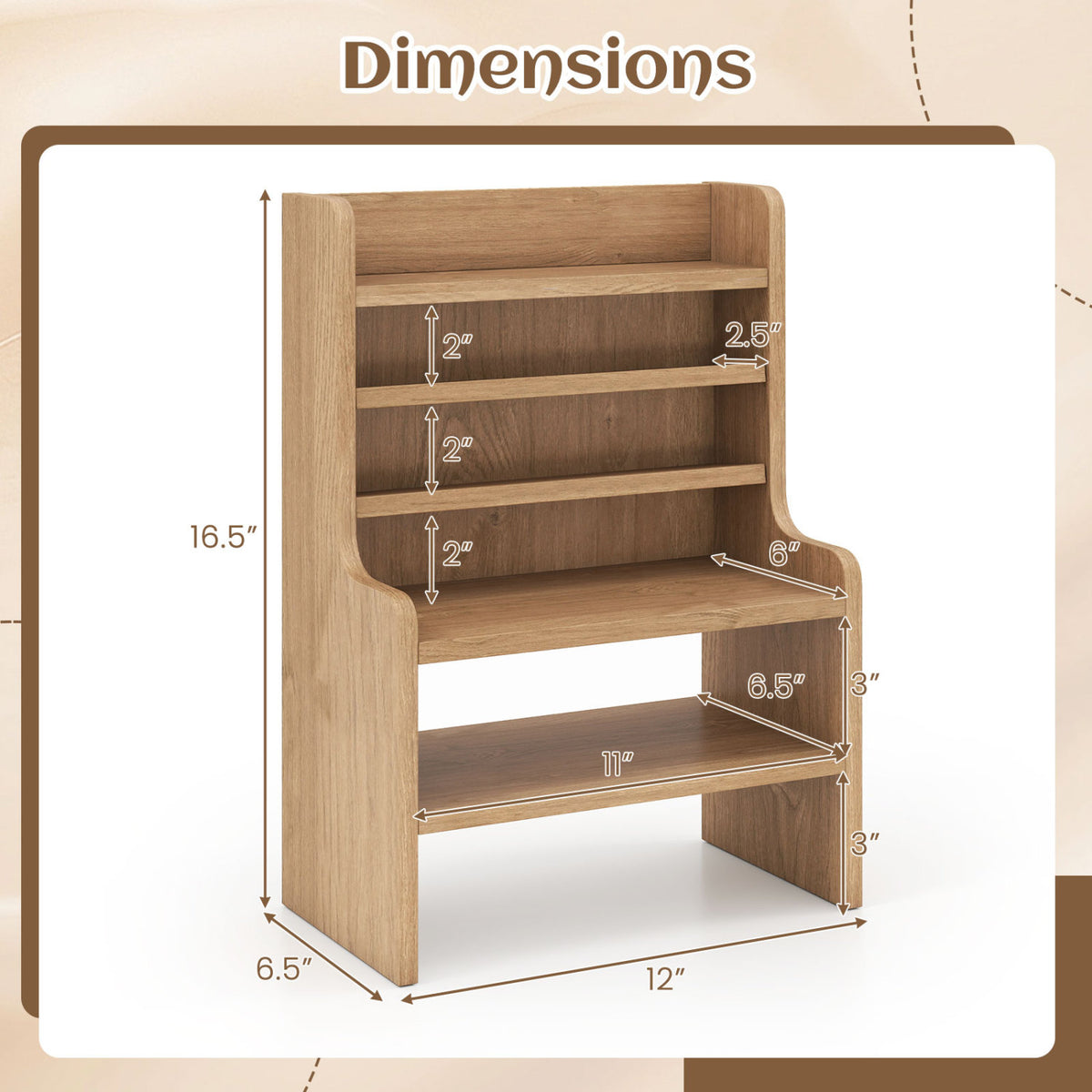 Desktop Organizer 6-Tier Mini Storage Rack with 2 Removable Shelves-Natural