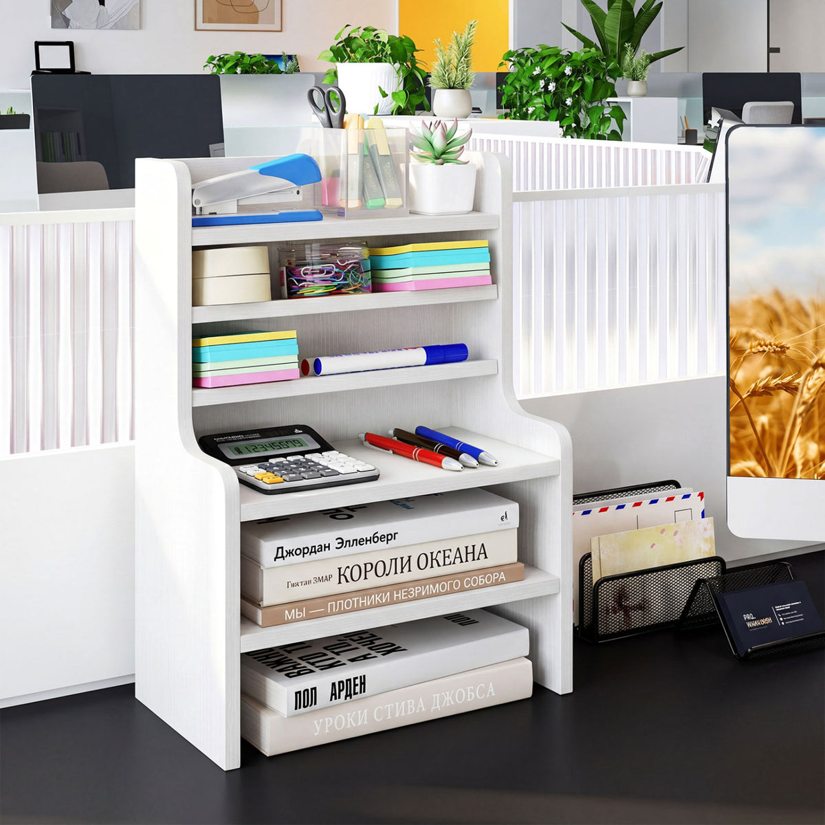 Desktop Organizer 6-Tier Mini Storage Rack with 2 Removable Shelves-White