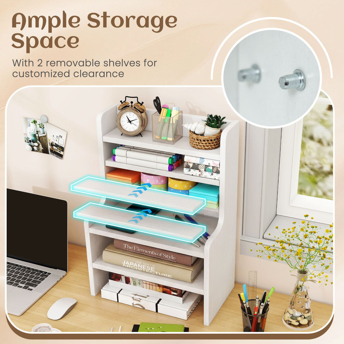 Desktop Organizer 6-Tier Mini Storage Rack with 2 Removable Shelves-White