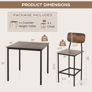 5 Pieces Industrial Dining Table Set with Counter Height Table and 4 Bar Stools-Coffee