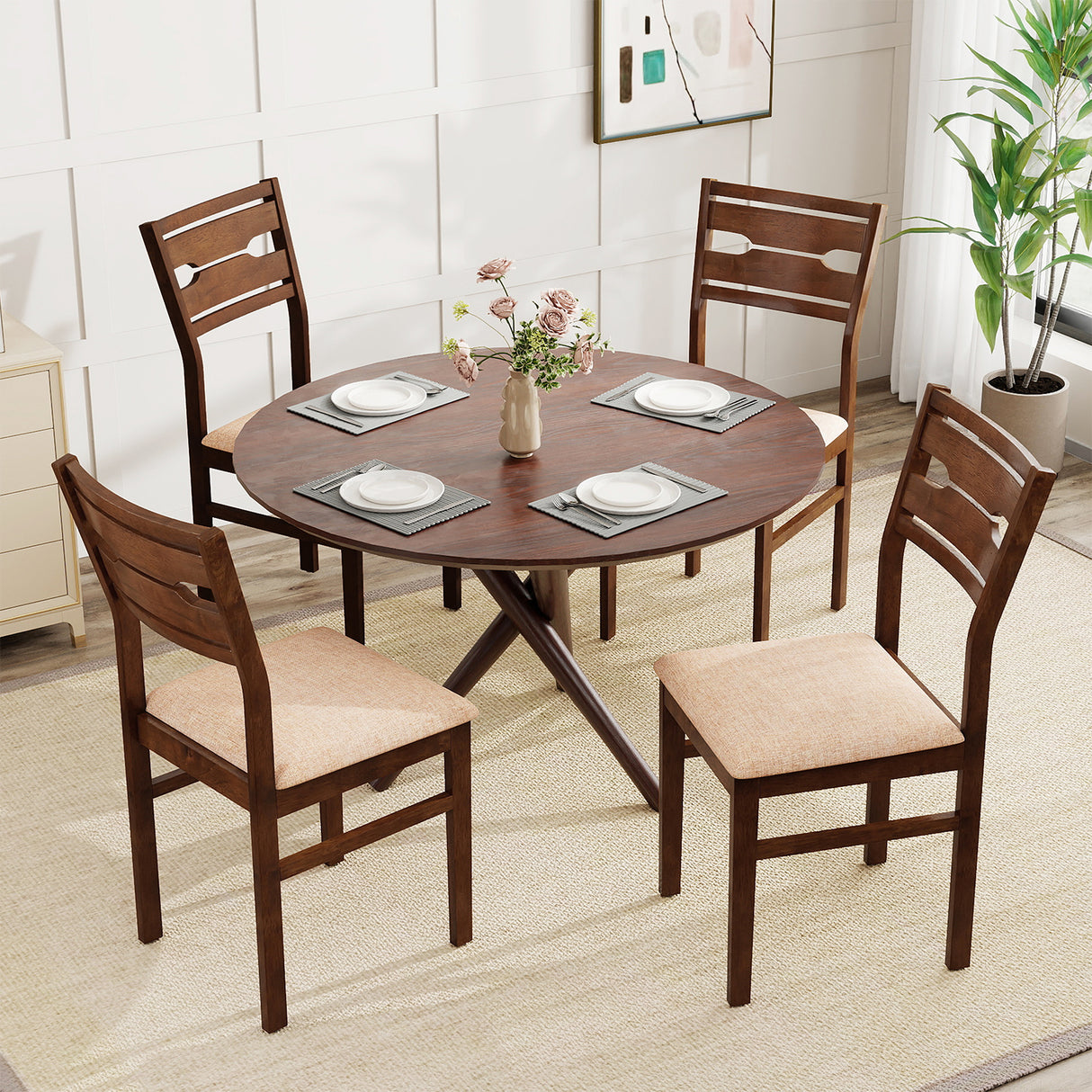 Dining Chair Set of 2/4 with Rubber Wood Frame and Padded Seat-4