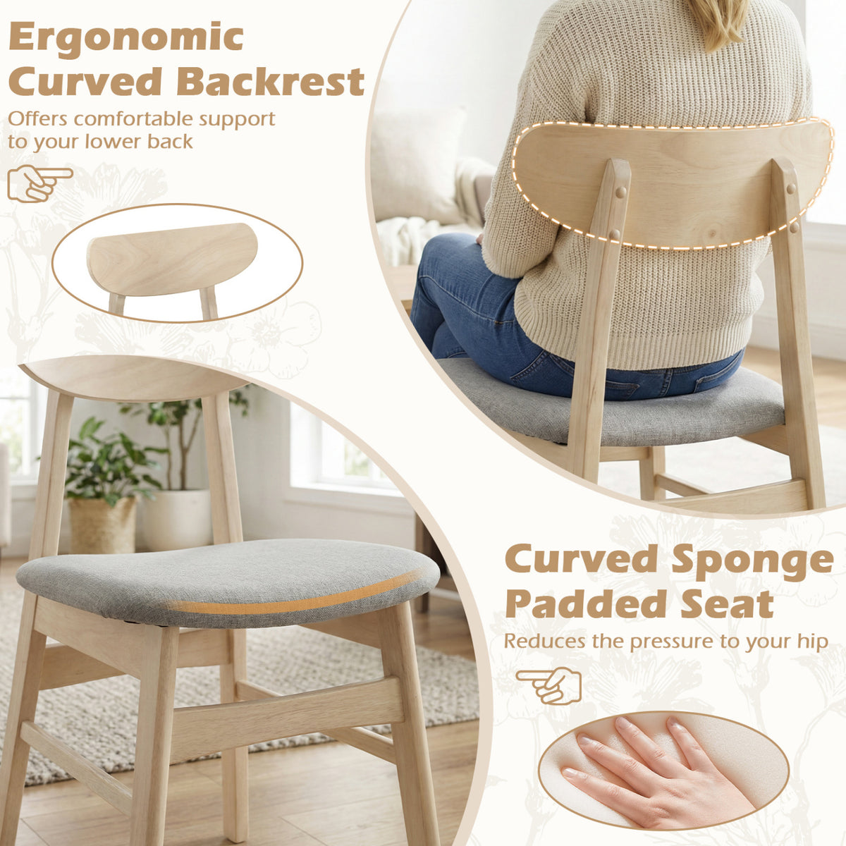Dining Chair Set of 2 Fabric Upholstered Kitchen Armless Chairs-Natural