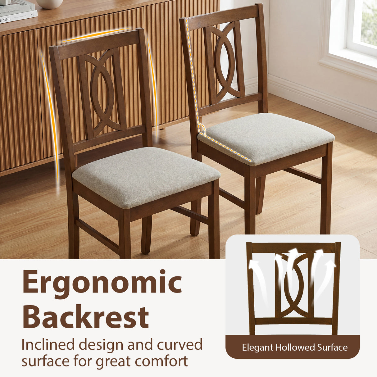Dining Chairs Set of 2 Rubber Wood Dining Room Chairs with Hollowed Backrest-Walnut