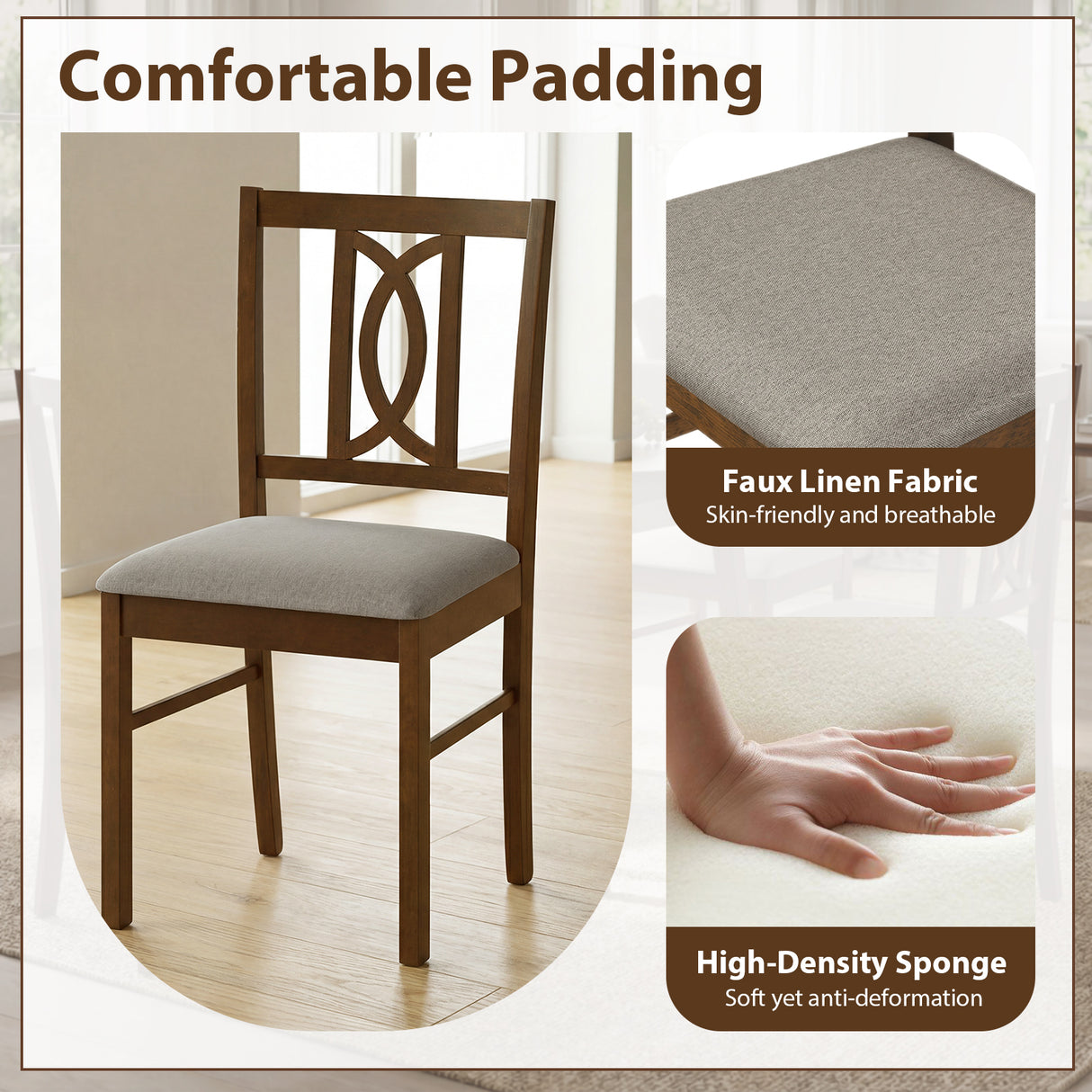 Dining Chairs Set of 2 Rubber Wood Dining Room Chairs with Hollowed Backrest-Walnut